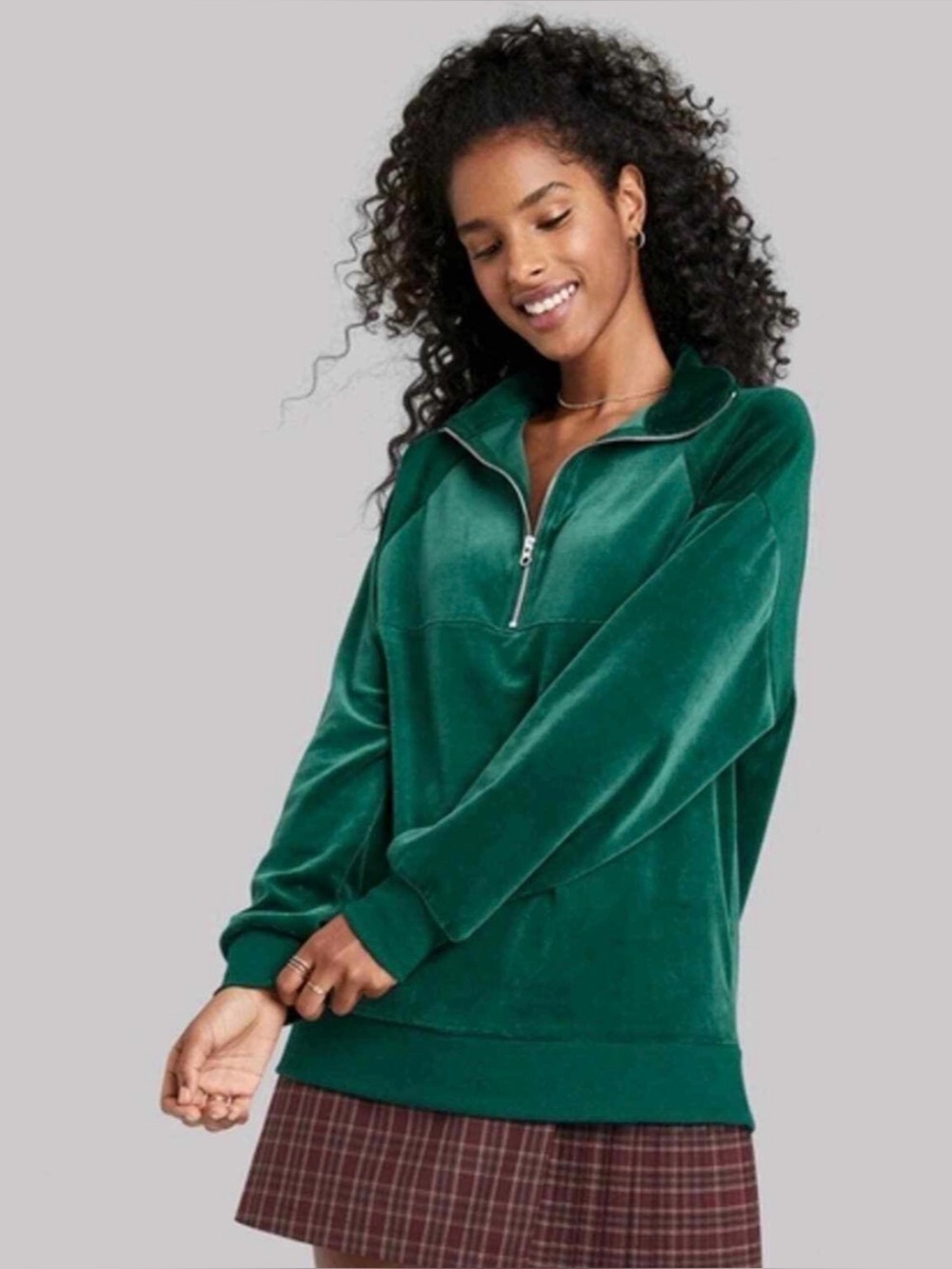 Wild Fable Velour Half-Zip Pullover Jacket in Deep Green